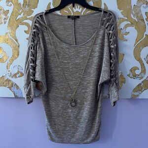 Heart Soul Size XL‎ Cut Out Sleeves Light Brown Sweater with Attached Necklace